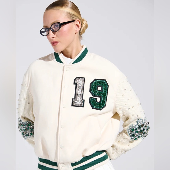 AKIRA Jackets & Blazers - AKIRA BETTER LUCK NEXT TIME EMBELLISHED BOMBER Cream Varsity Jacket L Large Coat